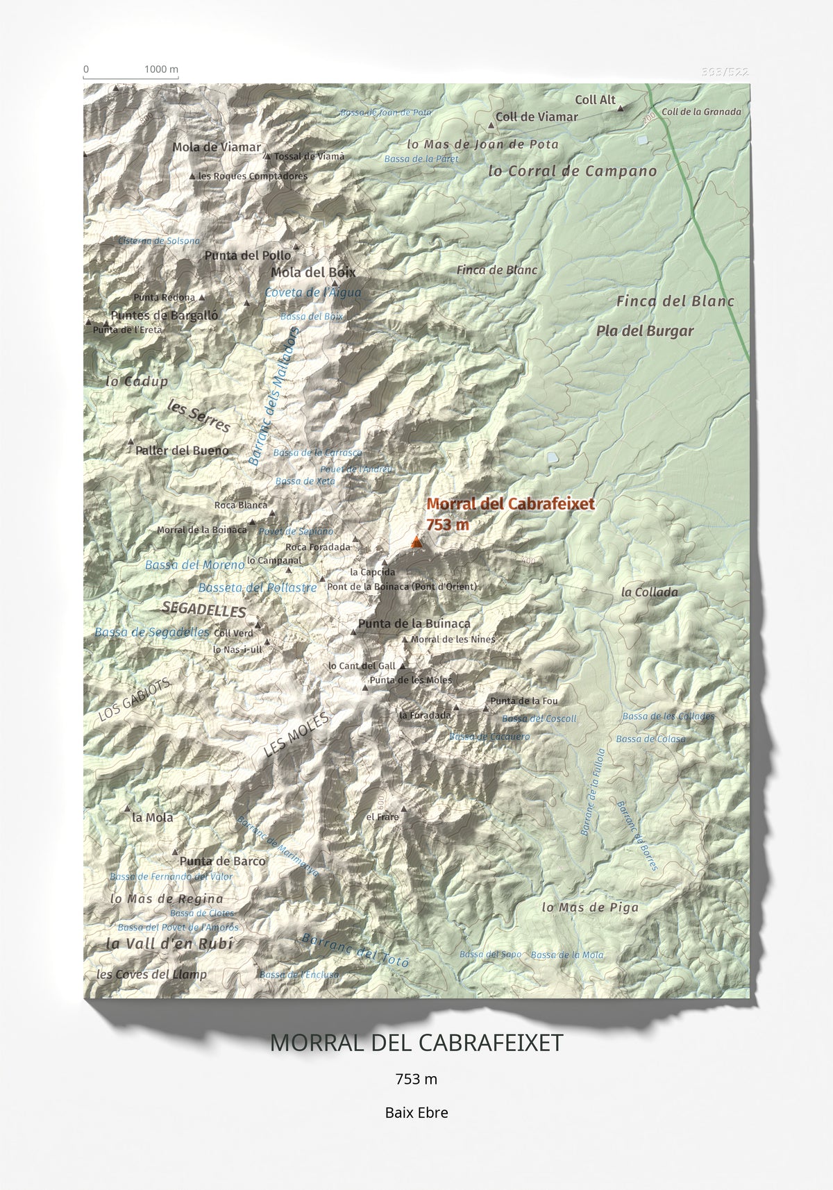 Mapa de relieve de Morral del Cabrafeixet, 753 m, Baix Ebre, lámina 100 Cims de Trobart 21 × 30 cm.