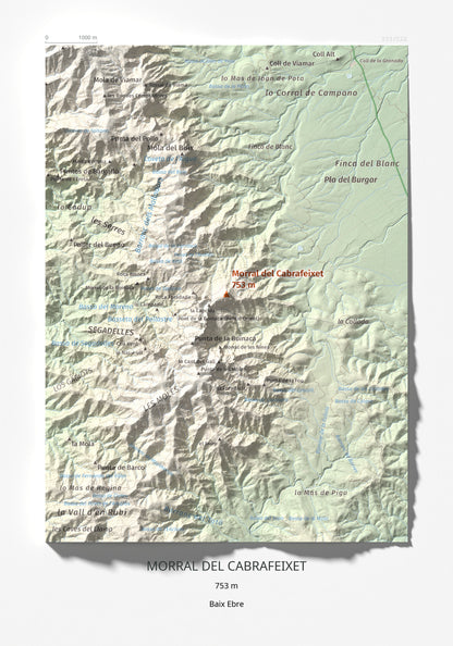 Mapa de relieve de Morral del Cabrafeixet, 753 m, Baix Ebre, lámina 100 Cims de Trobart 21 × 30 cm.