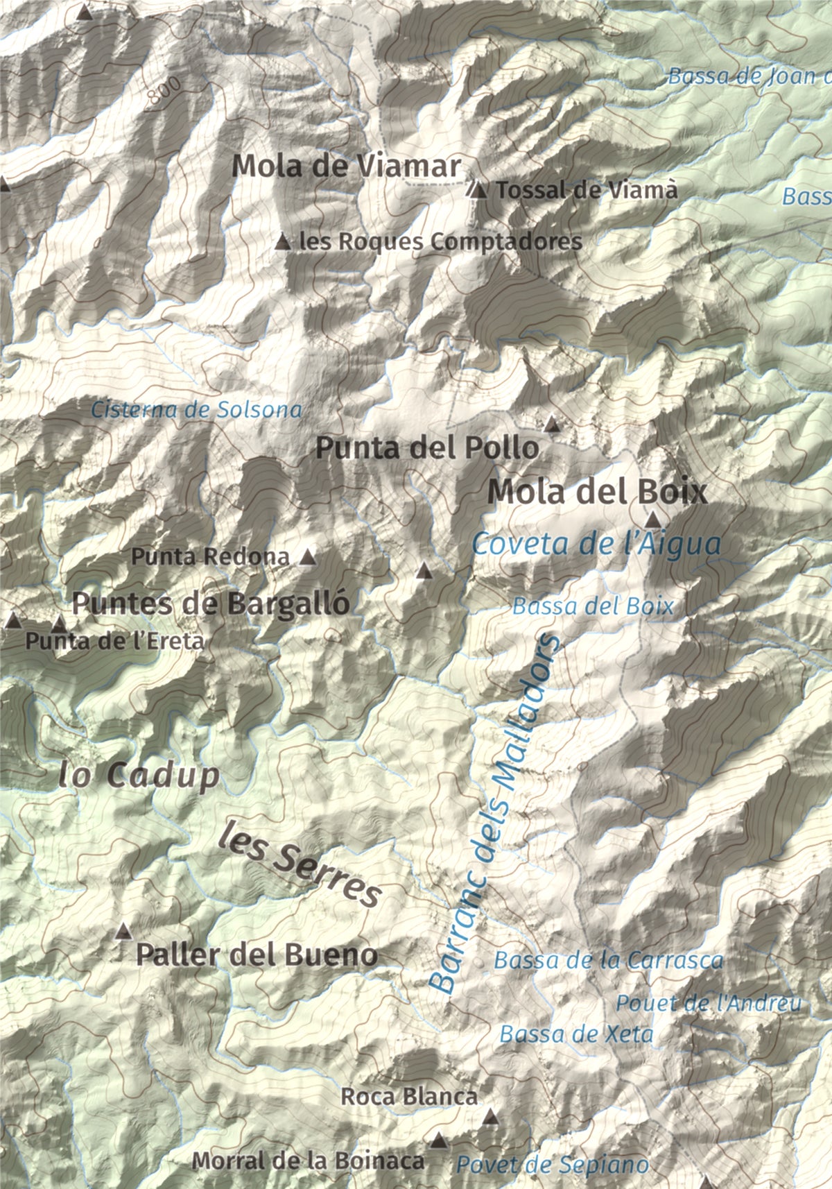 Mapa de relieve de Morral del Cabrafeixet, 753 m, Baix Ebre, lámina 100 Cims de Trobart. Detalle de la zona superior izquierda. 21 × 30 cm.