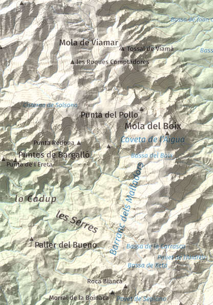 Mapa de relieve de Morral del Cabrafeixet, 753 m, Baix Ebre, lámina 100 Cims de Trobart. Detalle de la zona superior izquierda. 21 × 30 cm.