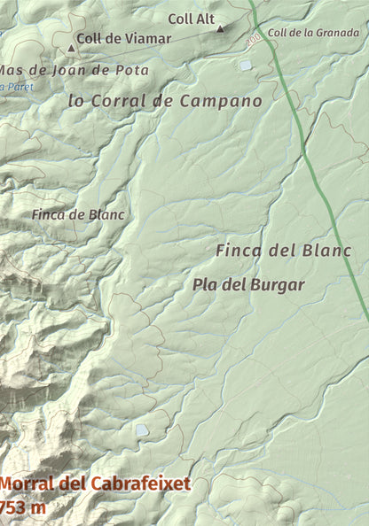 Mapa de relieve de Morral del Cabrafeixet, 753 m, Baix Ebre, lámina 100 Cims de Trobart. Detalle de la zona superior derecha. 21 × 30 cm.