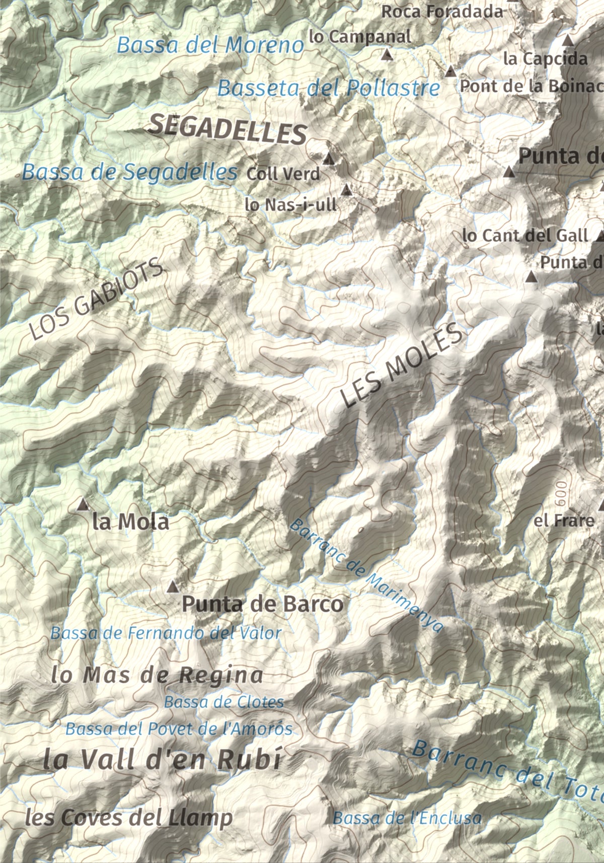 Mapa de relieve de Morral del Cabrafeixet, 753 m, Baix Ebre, lámina 100 Cims de Trobart. Detalle de la zona inferior izquierda. 21 × 30 cm.