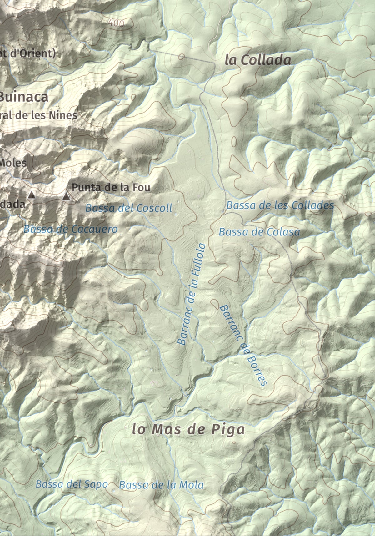 Mapa de relieve de Morral del Cabrafeixet, 753 m, Baix Ebre, lámina 100 Cims de Trobart. Detalle de la zona inferior derecha. 21 × 30 cm.