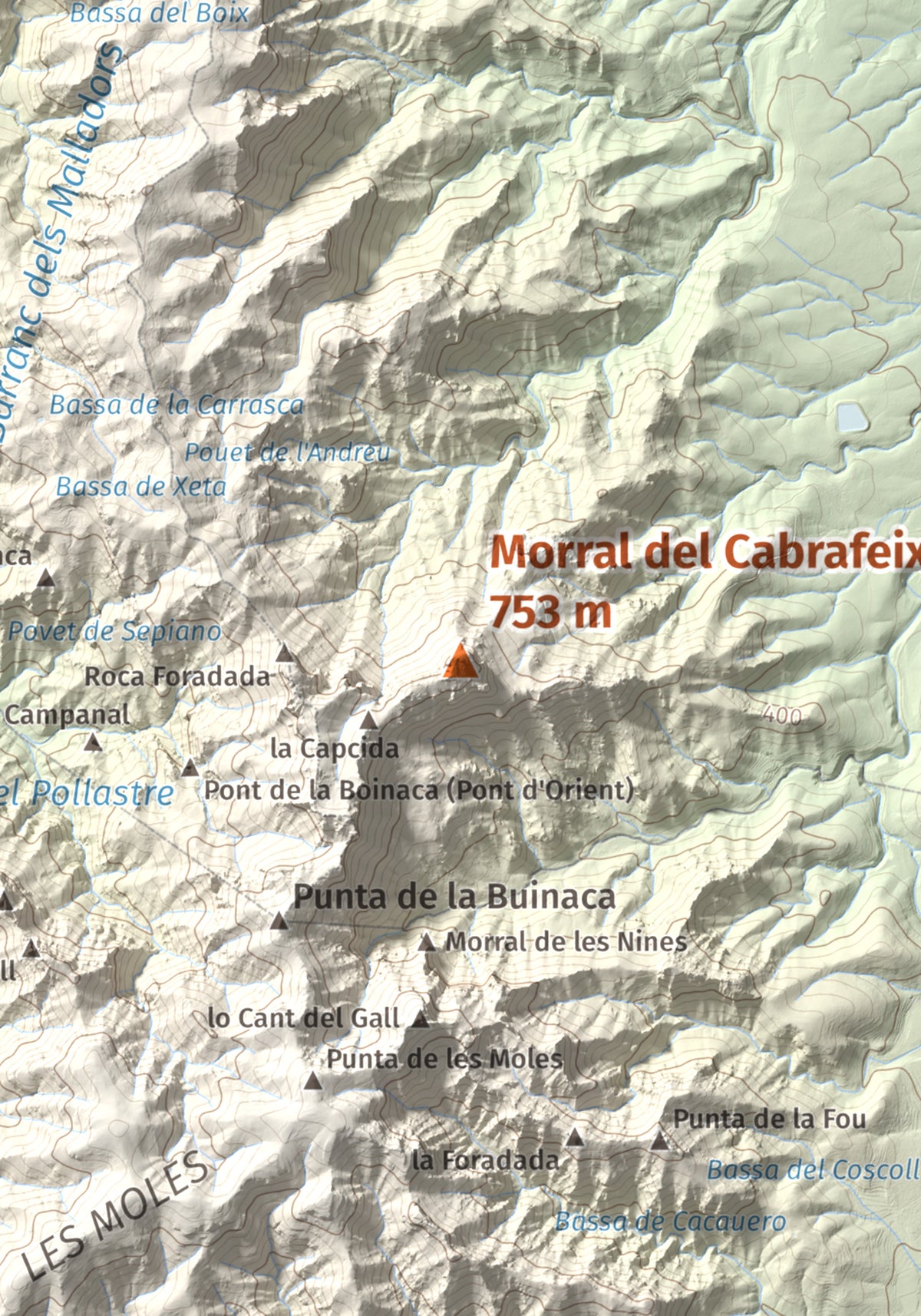 Mapa de relieve de Morral del Cabrafeixet, 753 m, Baix Ebre, lámina 100 Cims de Trobart. Detalle de la zona central. 21 × 30 cm.