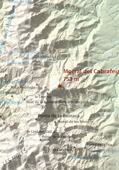 Mapa de relieve de Morral del Cabrafeixet, 753 m, Baix Ebre, lámina 100 Cims de Trobart. Detalle de la zona central. 21 × 30 cm.