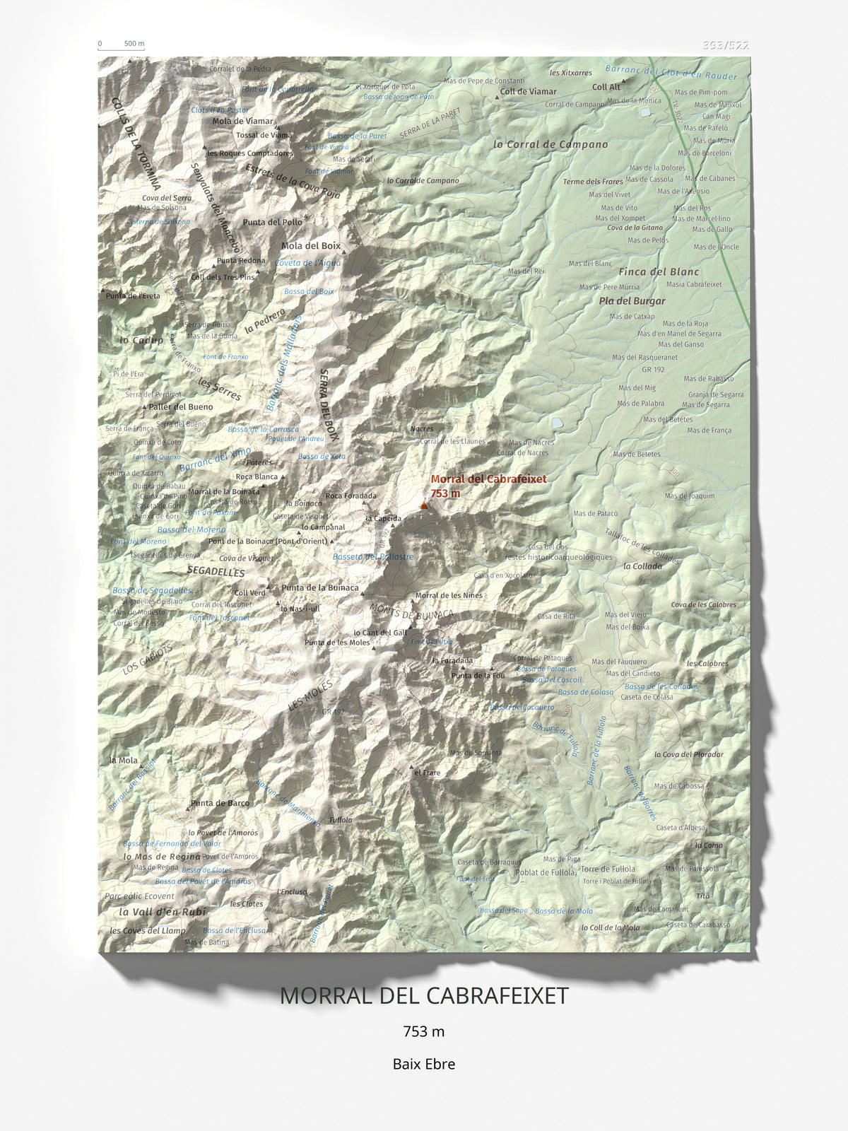 Mapa de relieve de Morral del Cabrafeixet, 753 m, Baix Ebre, lámina 100 Cims de Trobart 30 × 40 cm.