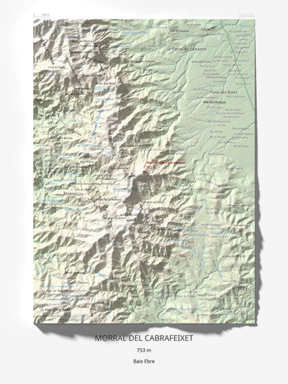 Mapa de relieve de Morral del Cabrafeixet, 753 m, Baix Ebre, lámina 100 Cims de Trobart 30 × 40 cm.