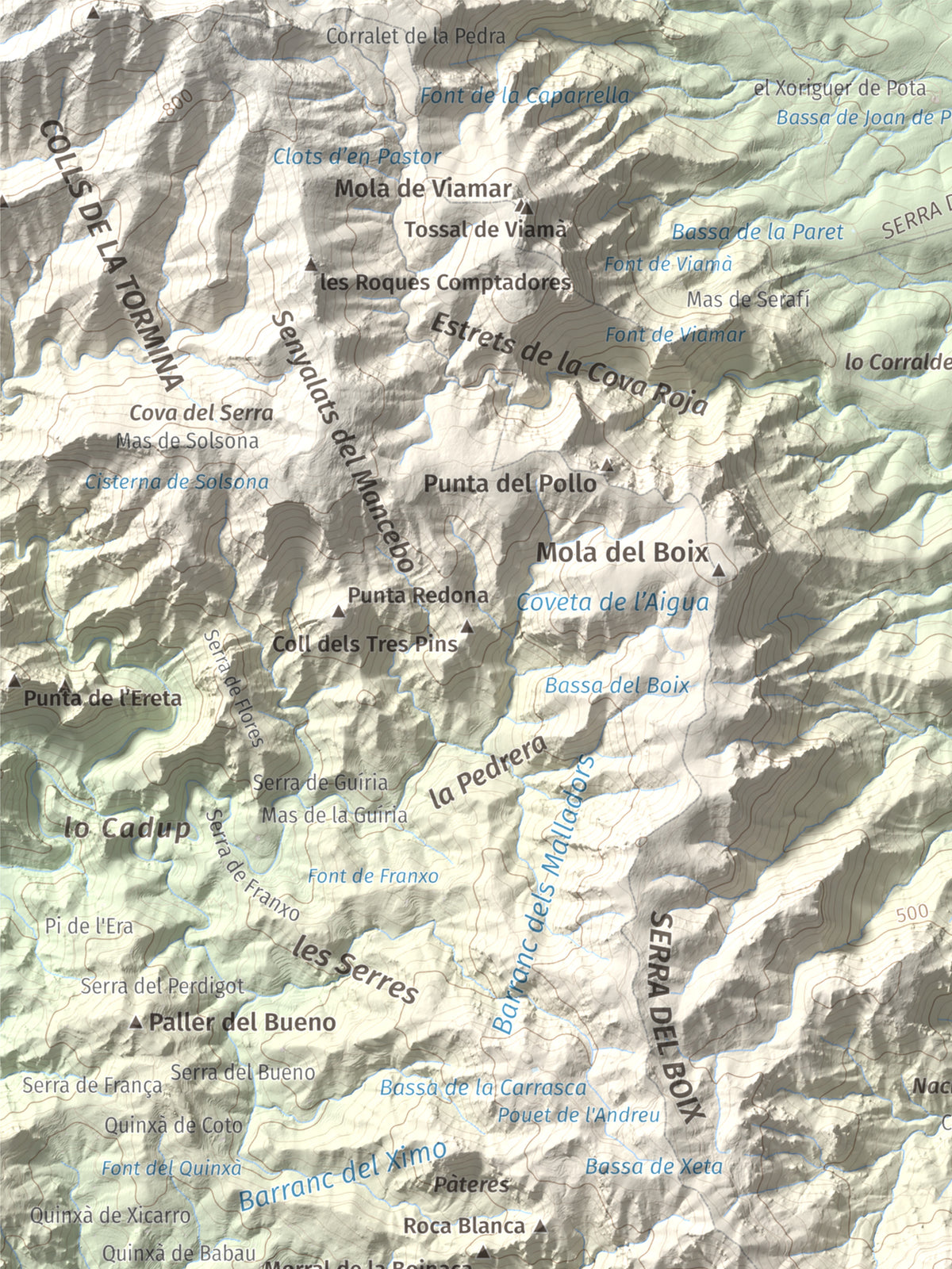 Mapa de relieve de Morral del Cabrafeixet, 753 m, Baix Ebre, lámina 100 Cims de Trobart. Detalle de la zona superior izquierda. 30 × 40 cm.