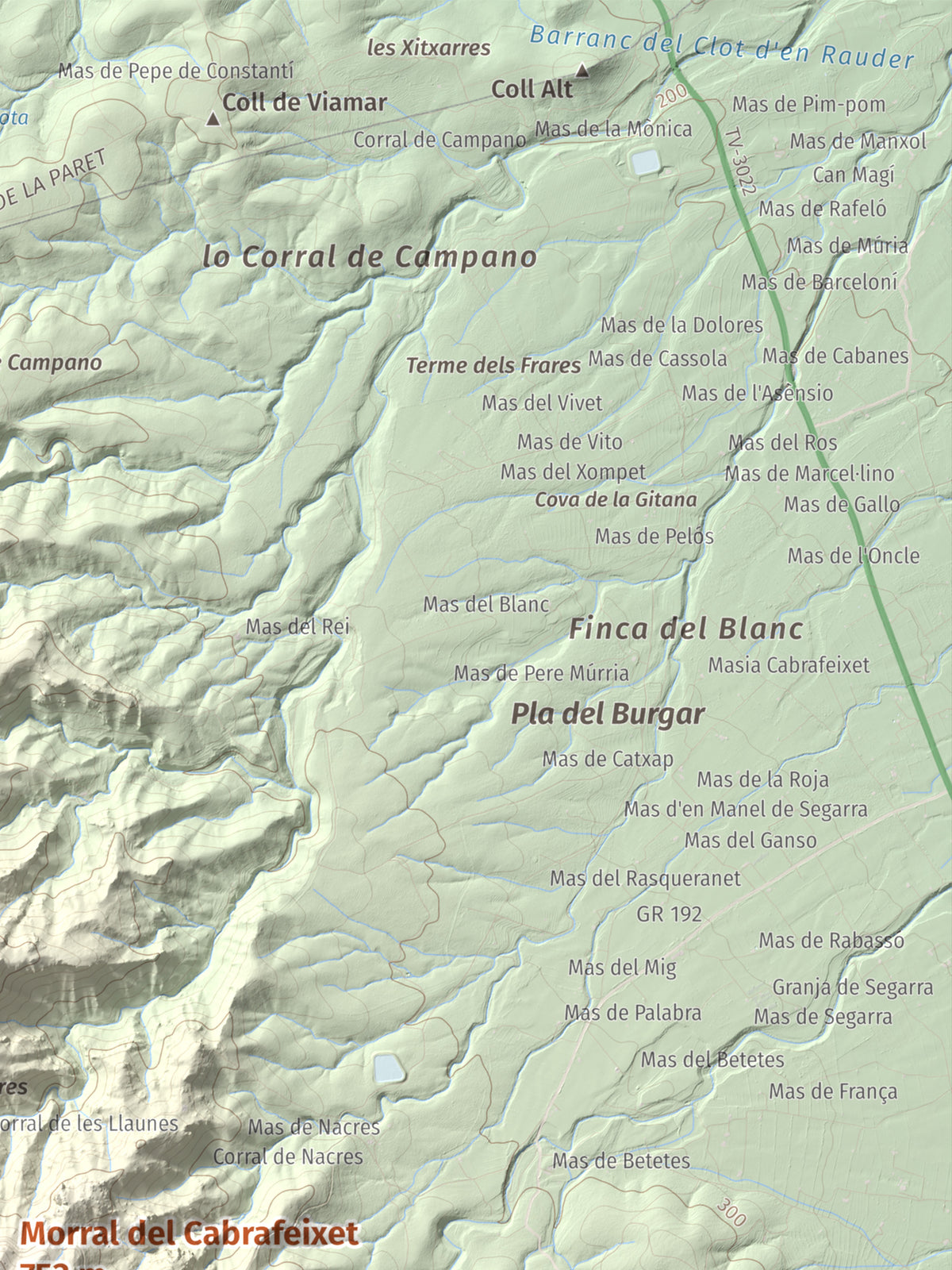 Mapa de relieve de Morral del Cabrafeixet, 753 m, Baix Ebre, lámina 100 Cims de Trobart. Detalle de la zona superior derecha. 30 × 40 cm.