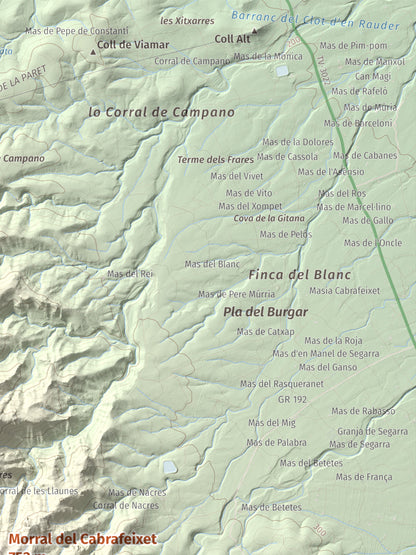 Mapa de relieve de Morral del Cabrafeixet, 753 m, Baix Ebre, lámina 100 Cims de Trobart. Detalle de la zona superior derecha. 30 × 40 cm.