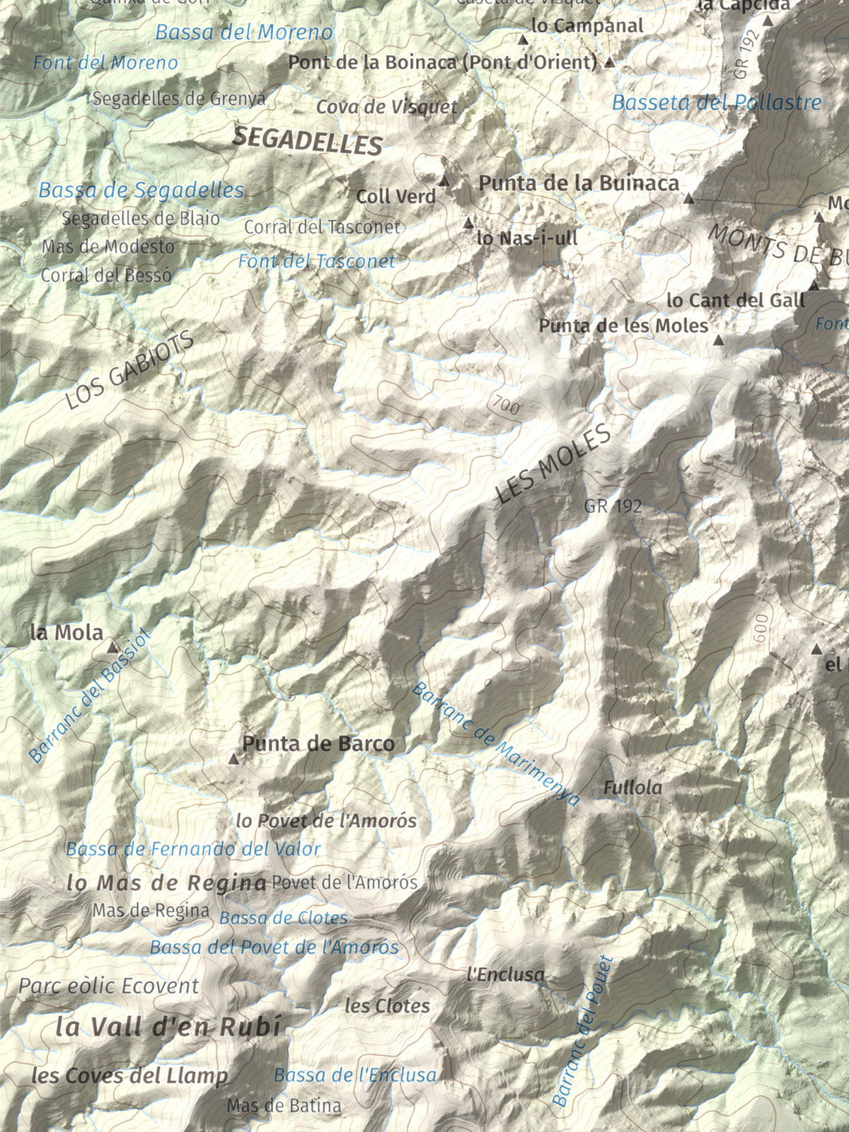 Mapa de relieve de Morral del Cabrafeixet, 753 m, Baix Ebre, lámina 100 Cims de Trobart. Detalle de la zona inferior izquierda. 30 × 40 cm.