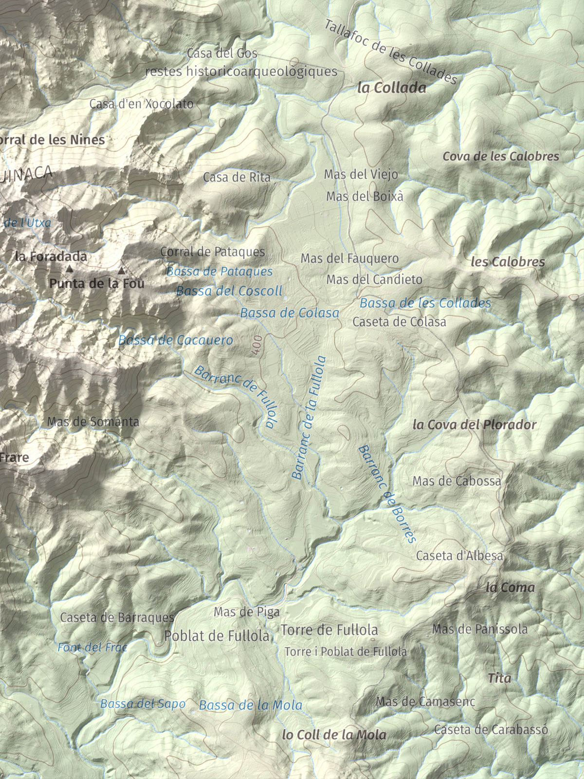 Mapa de relieve de Morral del Cabrafeixet, 753 m, Baix Ebre, lámina 100 Cims de Trobart. Detalle de la zona inferior derecha. 30 × 40 cm.