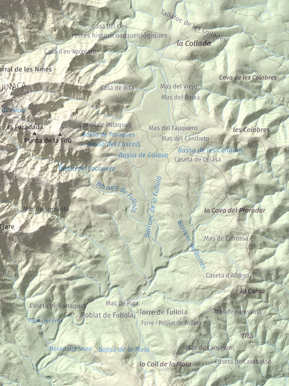 Mapa de relieve de Morral del Cabrafeixet, 753 m, Baix Ebre, lámina 100 Cims de Trobart. Detalle de la zona inferior derecha. 30 × 40 cm.