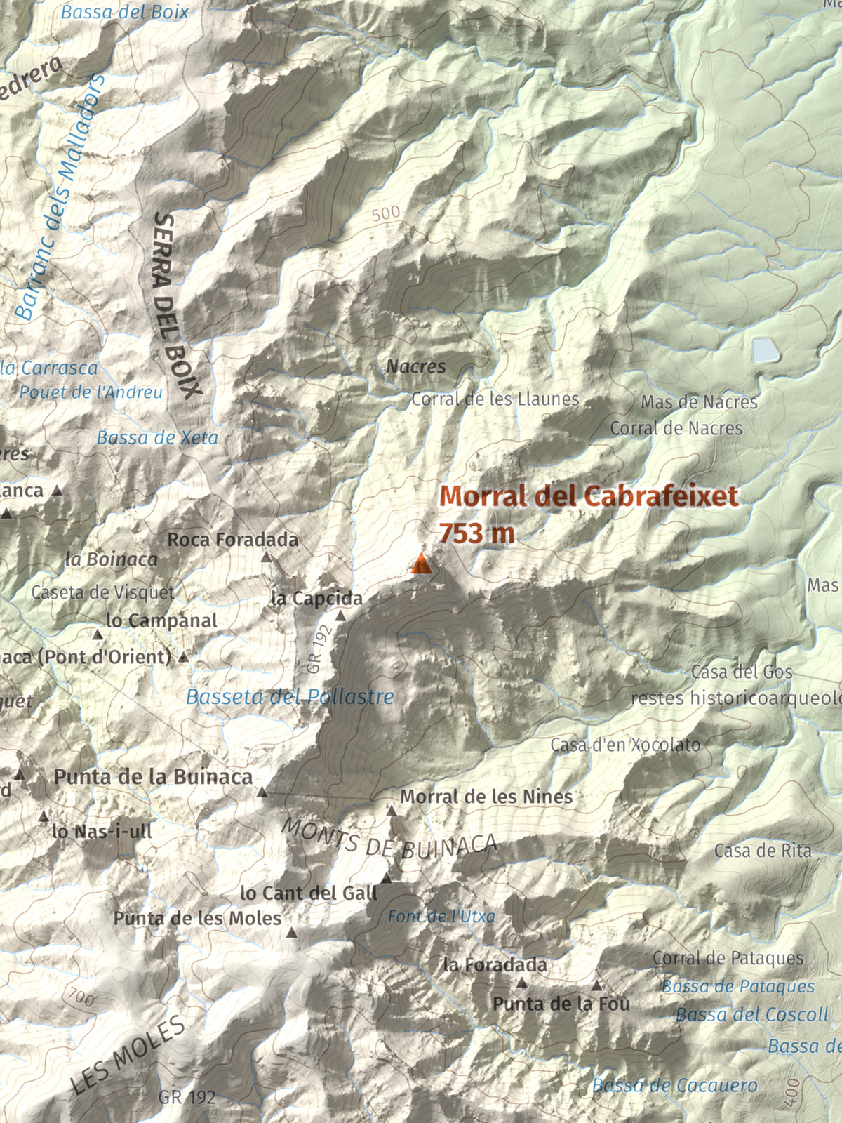 Mapa de relieve de Morral del Cabrafeixet, 753 m, Baix Ebre, lámina 100 Cims de Trobart. Detalle de la zona central. 30 × 40 cm.