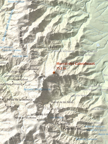 Mapa de relieve de Morral del Cabrafeixet, 753 m, Baix Ebre, lámina 100 Cims de Trobart. Detalle de la zona central. 30 × 40 cm.