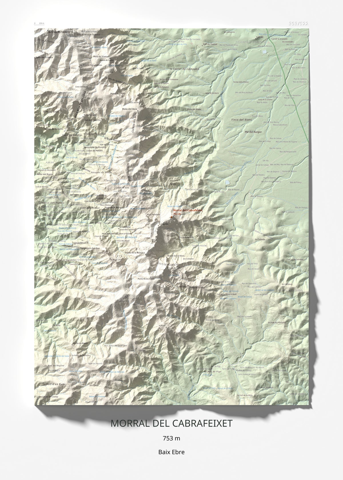 Mapa de relieve de Morral del Cabrafeixet, 753 m, Baix Ebre, lámina 100 Cims de Trobart 50 × 70 cm.