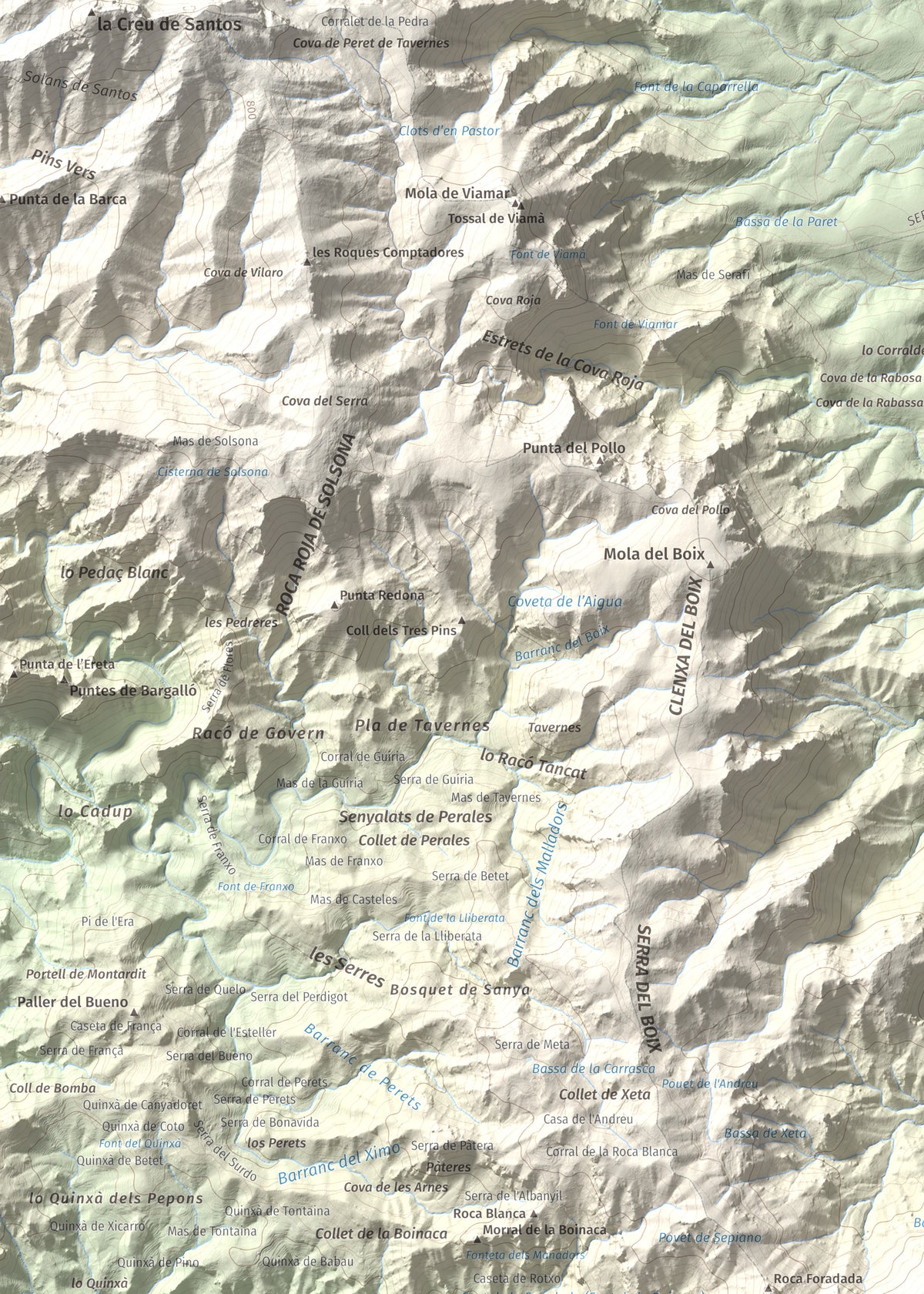 Mapa de relieve de Morral del Cabrafeixet, 753 m, Baix Ebre, lámina 100 Cims de Trobart. Detalle de la zona superior izquierda. 50 × 70 cm.