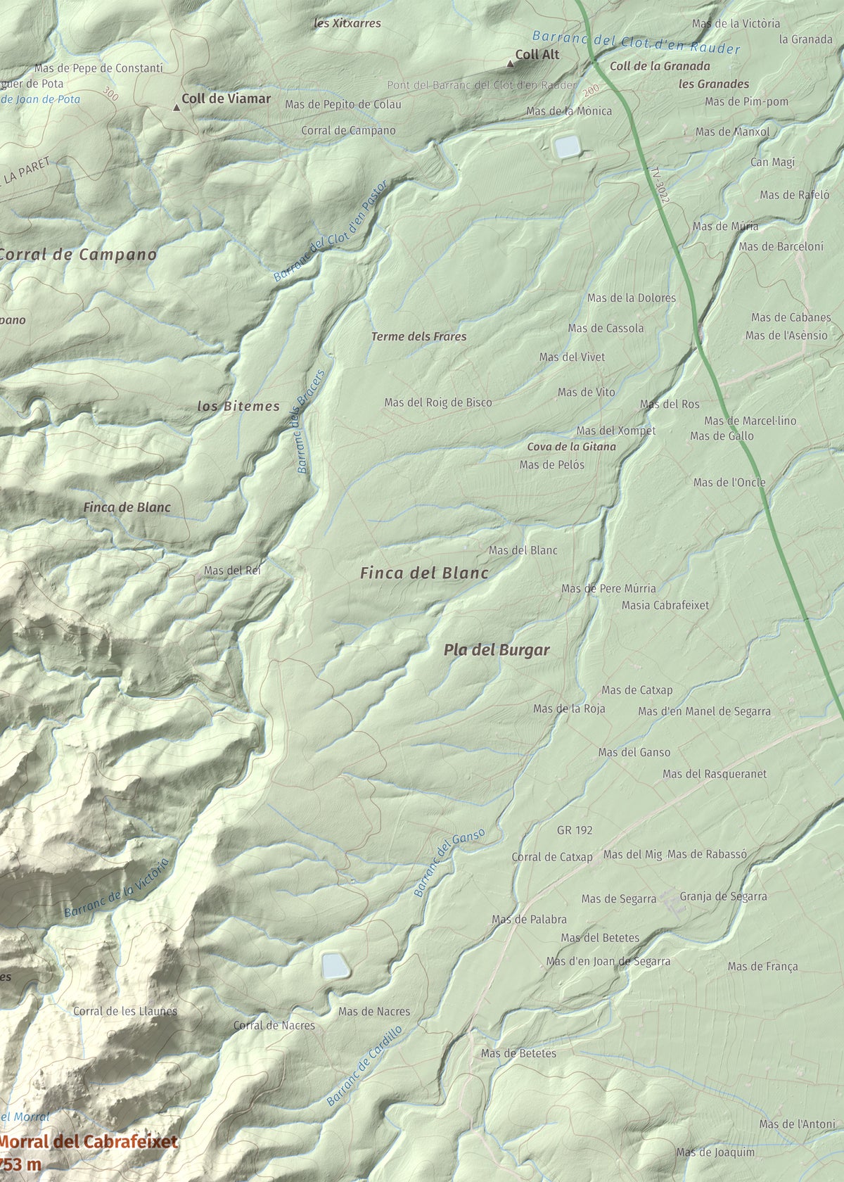 Mapa de relieve de Morral del Cabrafeixet, 753 m, Baix Ebre, lámina 100 Cims de Trobart. Detalle de la zona superior derecha. 50 × 70 cm.