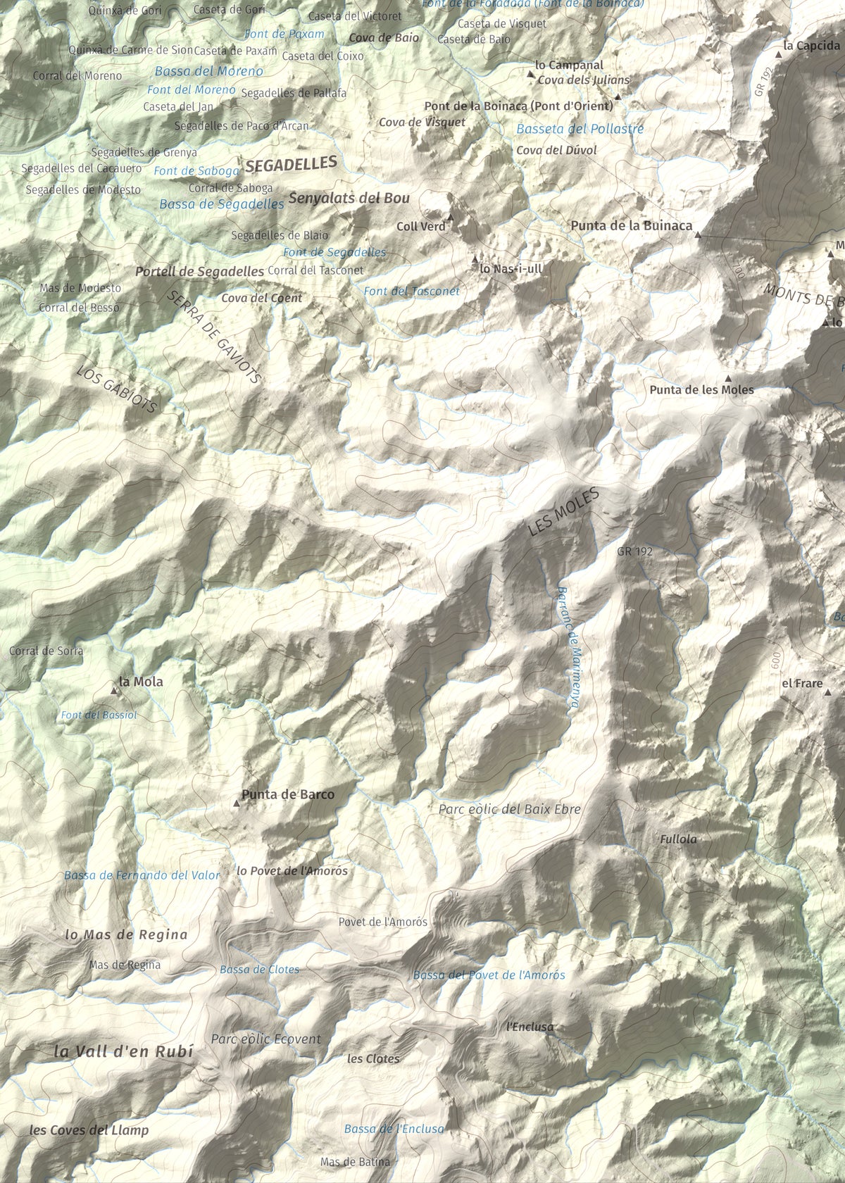 Mapa de relieve de Morral del Cabrafeixet, 753 m, Baix Ebre, lámina 100 Cims de Trobart. Detalle de la zona inferior izquierda. 50 × 70 cm.