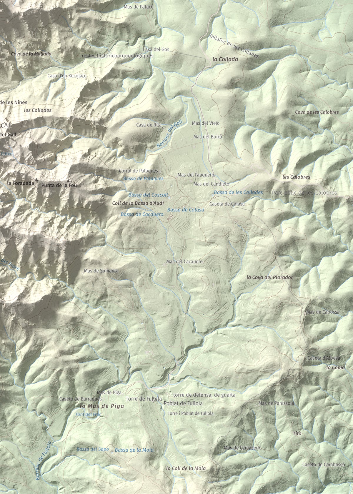 Mapa de relieve de Morral del Cabrafeixet, 753 m, Baix Ebre, lámina 100 Cims de Trobart. Detalle de la zona inferior derecha. 50 × 70 cm.