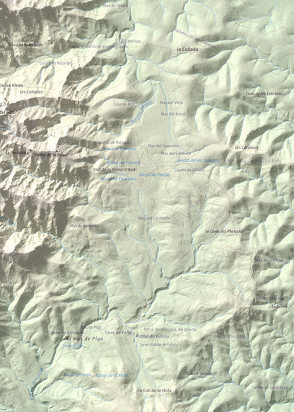 Mapa de relieve de Morral del Cabrafeixet, 753 m, Baix Ebre, lámina 100 Cims de Trobart. Detalle de la zona inferior derecha. 50 × 70 cm.