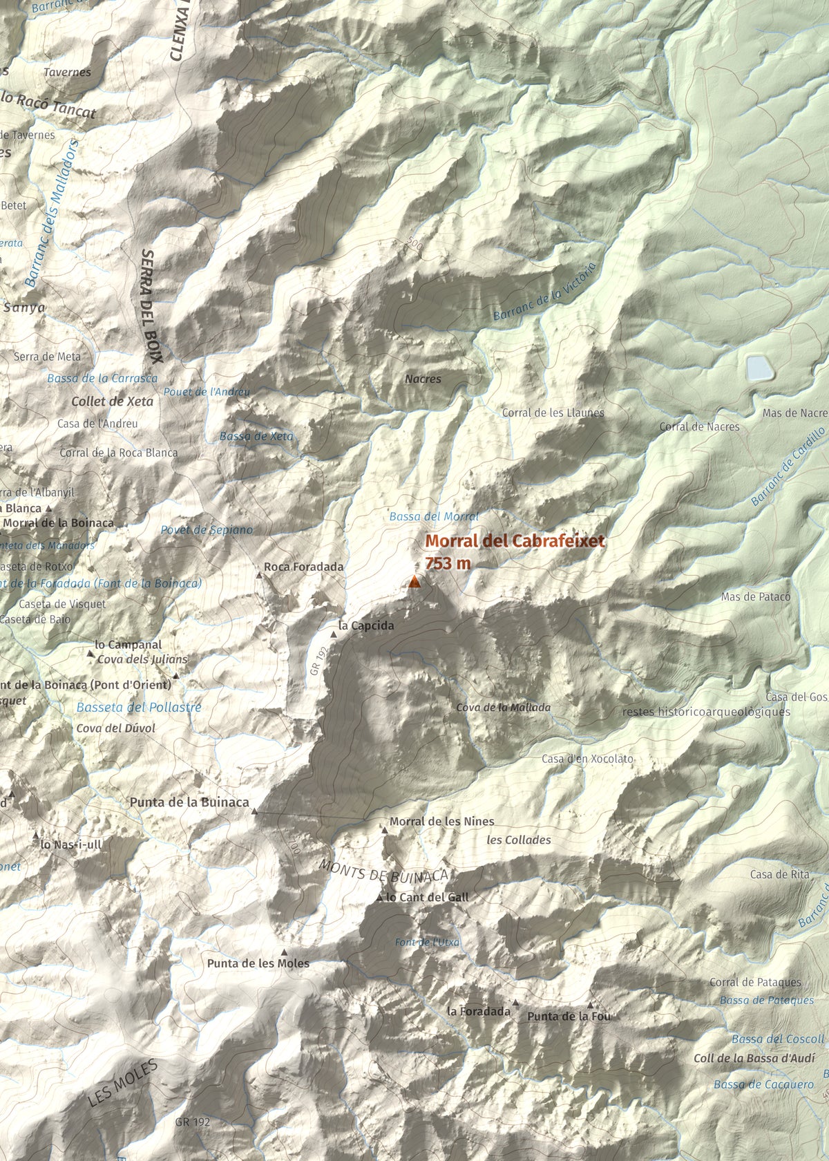 Mapa de relieve de Morral del Cabrafeixet, 753 m, Baix Ebre, lámina 100 Cims de Trobart. Detalle de la zona central. 50 × 70 cm.
