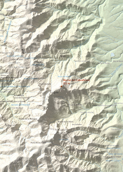 Mapa de relieve de Morral del Cabrafeixet, 753 m, Baix Ebre, lámina 100 Cims de Trobart. Detalle de la zona central. 50 × 70 cm.