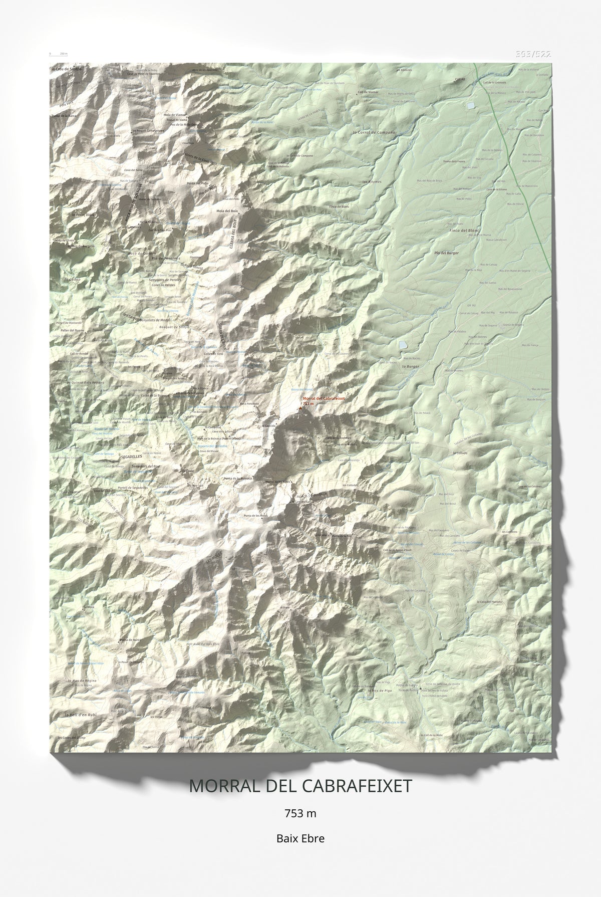 Mapa de relieve de Morral del Cabrafeixet, 753 m, Baix Ebre, lámina 100 Cims de Trobart 61 × 91 cm.