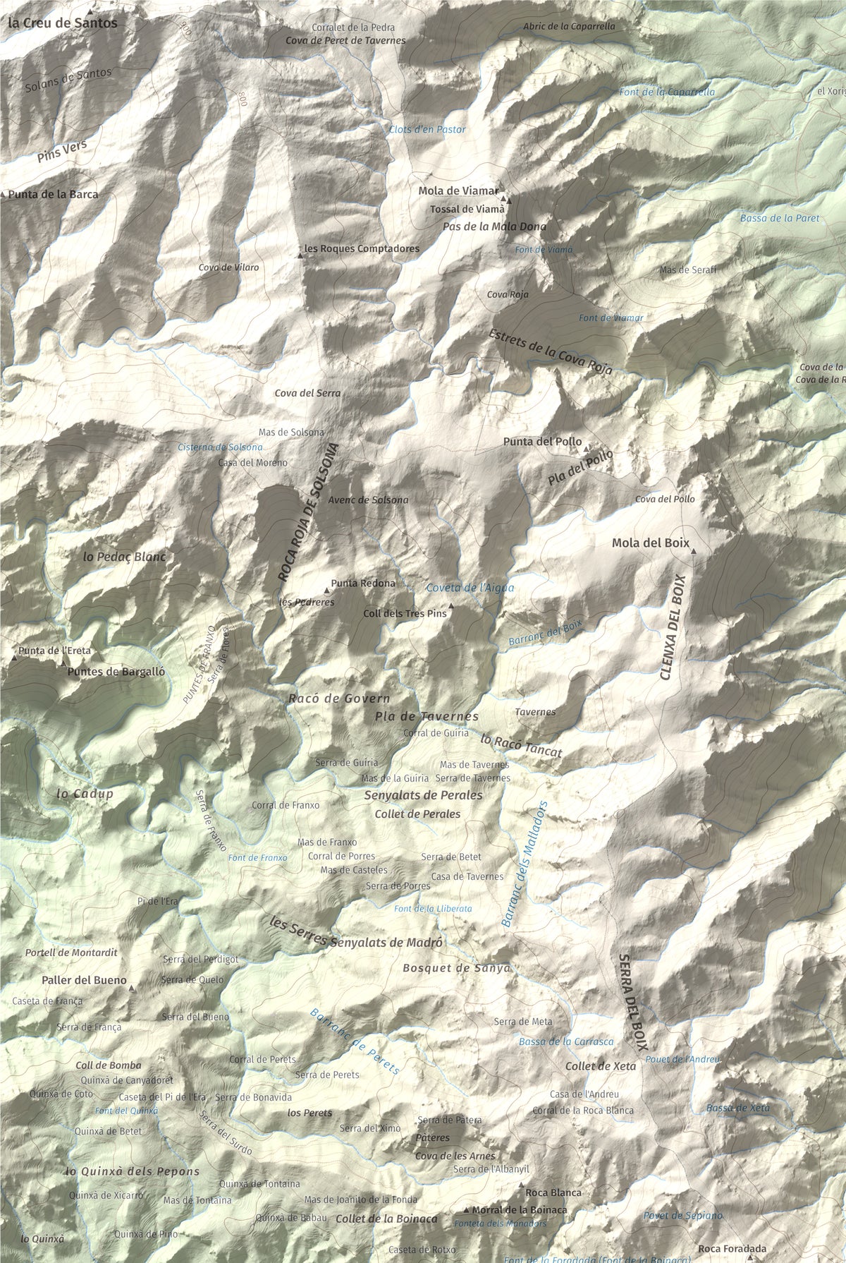 Mapa de relieve de Morral del Cabrafeixet, 753 m, Baix Ebre, lámina 100 Cims de Trobart. Detalle de la zona superior izquierda. 61 × 91 cm.