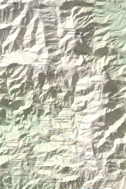 Mapa de relieve de Morral del Cabrafeixet, 753 m, Baix Ebre, lámina 100 Cims de Trobart. Detalle de la zona superior izquierda. 61 × 91 cm.