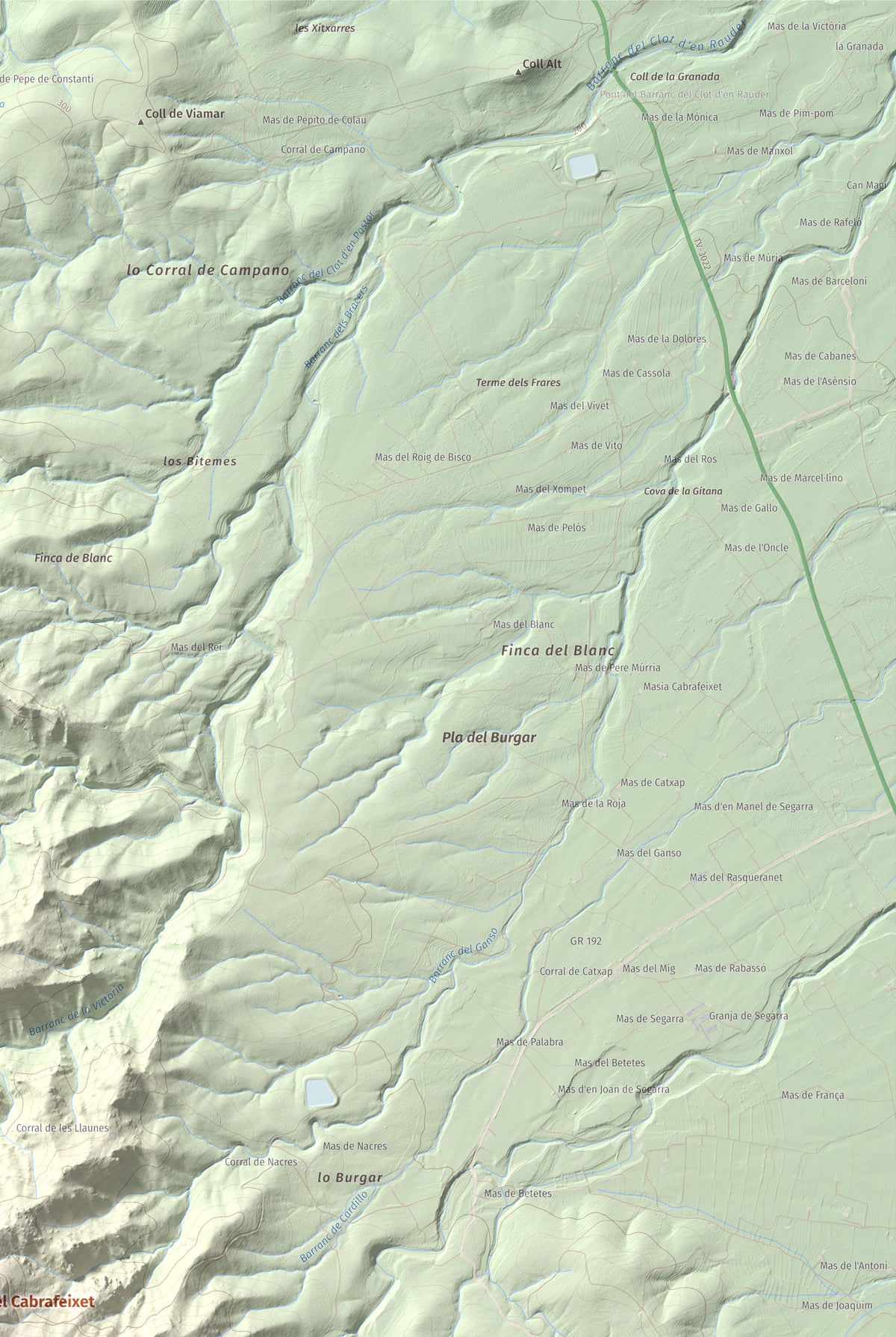 Mapa de relieve de Morral del Cabrafeixet, 753 m, Baix Ebre, lámina 100 Cims de Trobart. Detalle de la zona superior derecha. 61 × 91 cm.