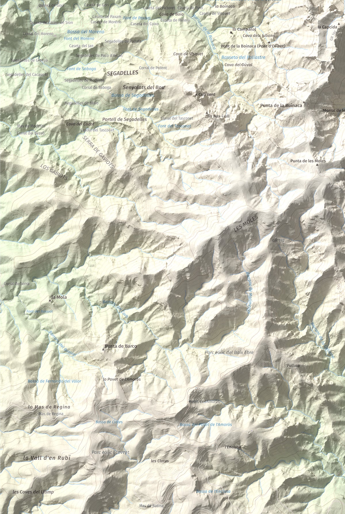 Mapa de relieve de Morral del Cabrafeixet, 753 m, Baix Ebre, lámina 100 Cims de Trobart. Detalle de la zona inferior izquierda. 61 × 91 cm.
