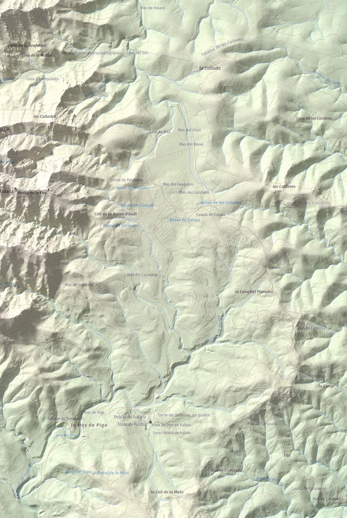 Mapa de relieve de Morral del Cabrafeixet, 753 m, Baix Ebre, lámina 100 Cims de Trobart. Detalle de la zona inferior derecha. 61 × 91 cm.