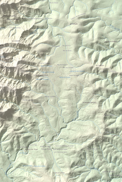 Mapa de relieve de Morral del Cabrafeixet, 753 m, Baix Ebre, lámina 100 Cims de Trobart. Detalle de la zona inferior derecha. 61 × 91 cm.