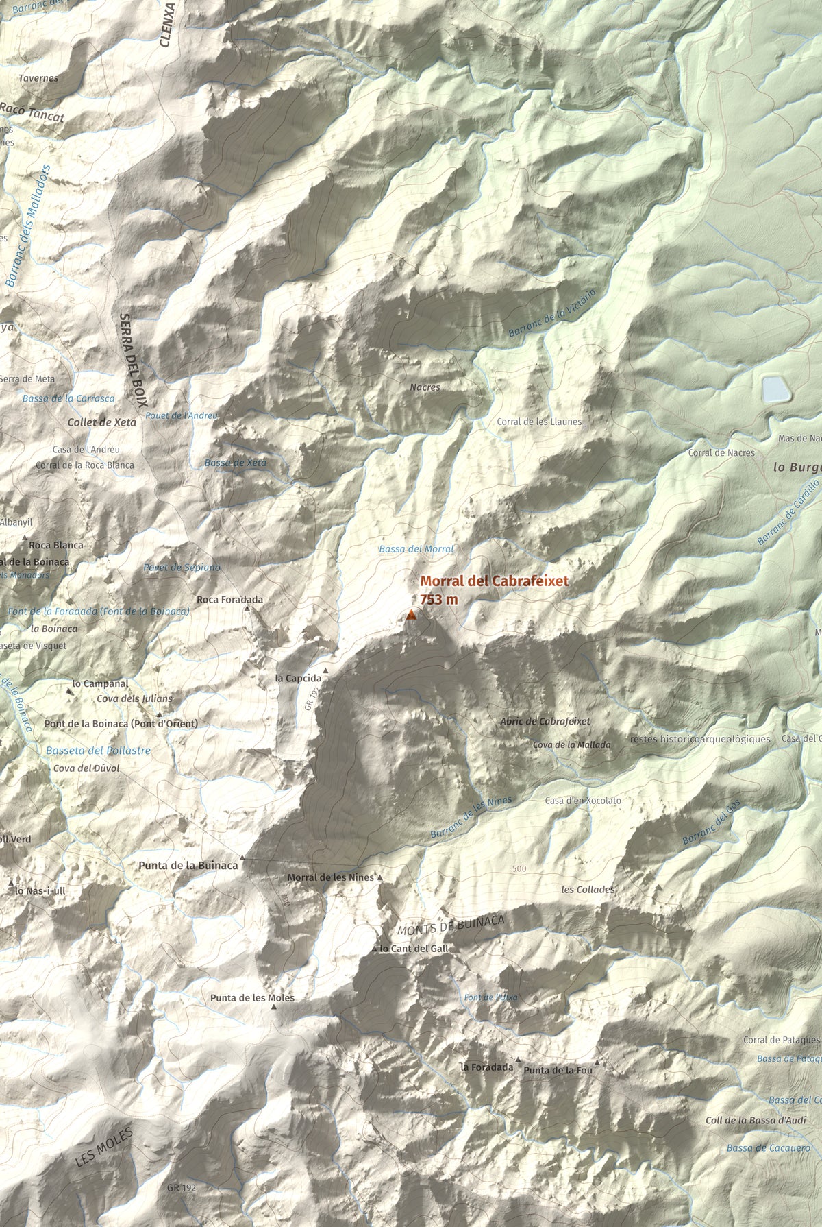 Mapa de relieve de Morral del Cabrafeixet, 753 m, Baix Ebre, lámina 100 Cims de Trobart. Detalle de la zona central. 61 × 91 cm.
