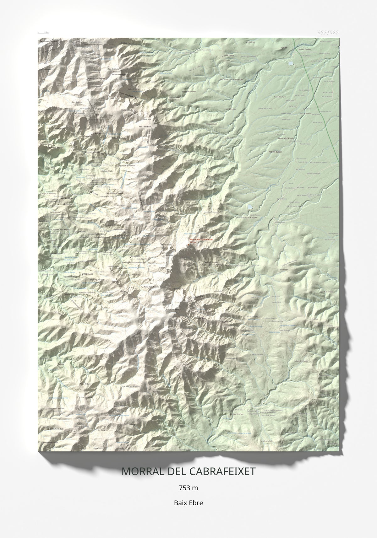 Mapa de relieve de Morral del Cabrafeixet, 753 m, Baix Ebre, lámina 100 Cims de Trobart 70 × 100 cm.