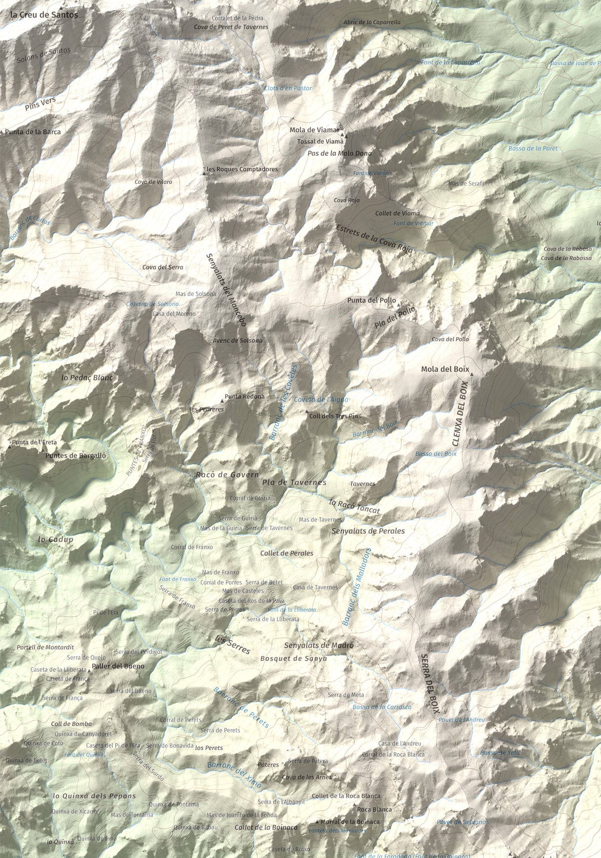 Mapa de relieve de Morral del Cabrafeixet, 753 m, Baix Ebre, lámina 100 Cims de Trobart. Detalle de la zona superior izquierda. 70 × 100 cm.