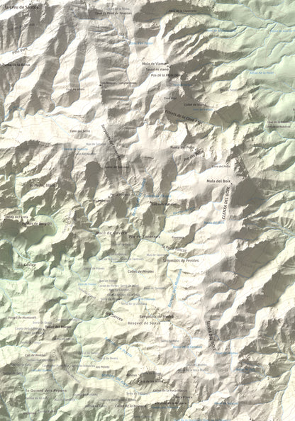 Mapa de relieve de Morral del Cabrafeixet, 753 m, Baix Ebre, lámina 100 Cims de Trobart. Detalle de la zona superior izquierda. 70 × 100 cm.