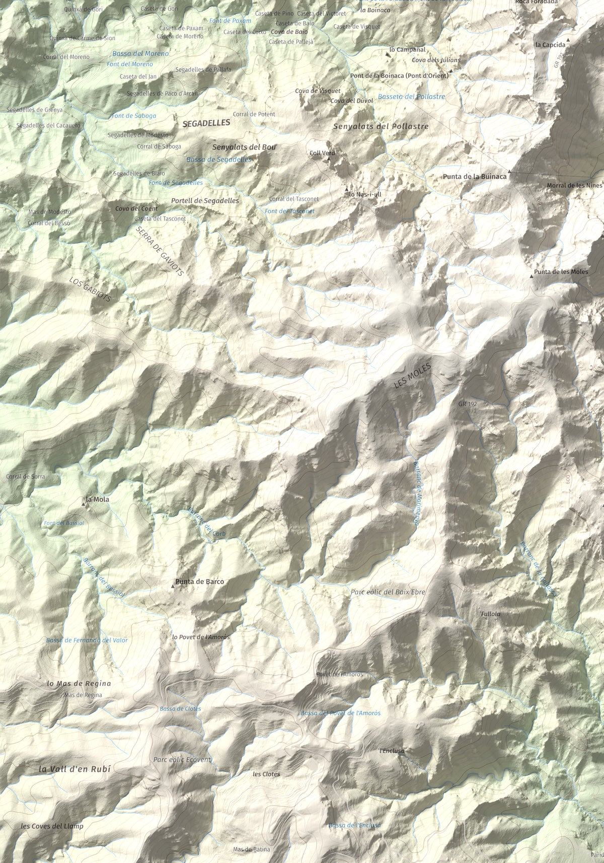 Mapa de relieve de Morral del Cabrafeixet, 753 m, Baix Ebre, lámina 100 Cims de Trobart. Detalle de la zona inferior izquierda. 70 × 100 cm.