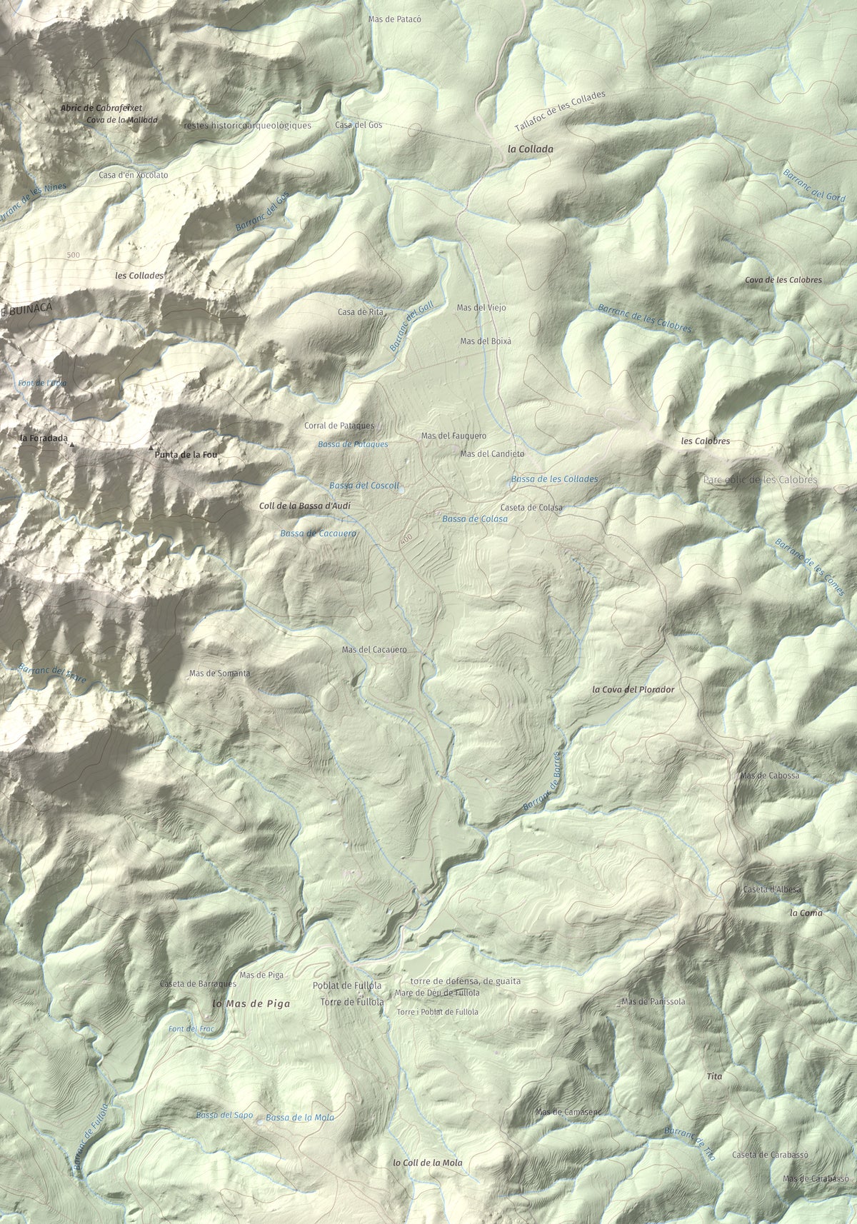 Mapa de relieve de Morral del Cabrafeixet, 753 m, Baix Ebre, lámina 100 Cims de Trobart. Detalle de la zona inferior derecha. 70 × 100 cm.
