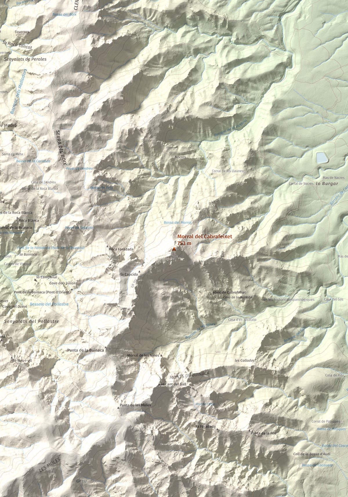 Mapa de relieve de Morral del Cabrafeixet, 753 m, Baix Ebre, lámina 100 Cims de Trobart. Detalle de la zona central. 70 × 100 cm.