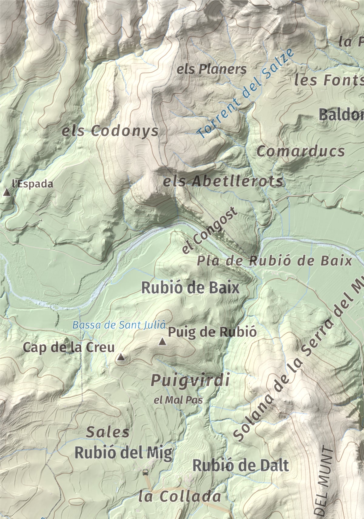 Mapa de relieve de Munt de Montsonís, 591 m, Noguera, lámina 100 Cims de Trobart. Detalle de la zona superior izquierda. 21 × 30 cm.