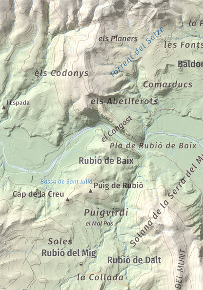 Mapa de relieve de Munt de Montsonís, 591 m, Noguera, lámina 100 Cims de Trobart. Detalle de la zona superior izquierda. 21 × 30 cm.