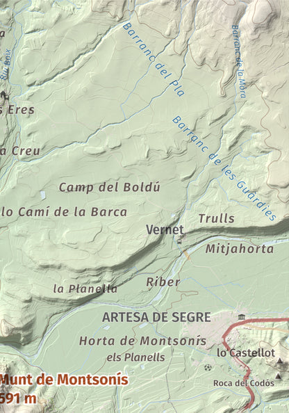 Mapa de relieve de Munt de Montsonís, 591 m, Noguera, lámina 100 Cims de Trobart. Detalle de la zona superior derecha. 21 × 30 cm.