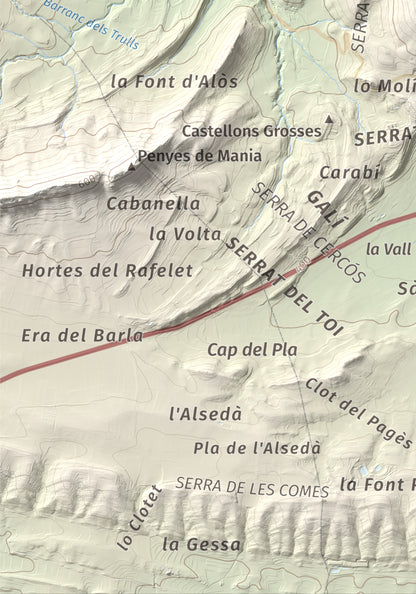 Mapa de relieve de Munt de Montsonís, 591 m, Noguera, lámina 100 Cims de Trobart. Detalle de la zona inferior izquierda. 21 × 30 cm.