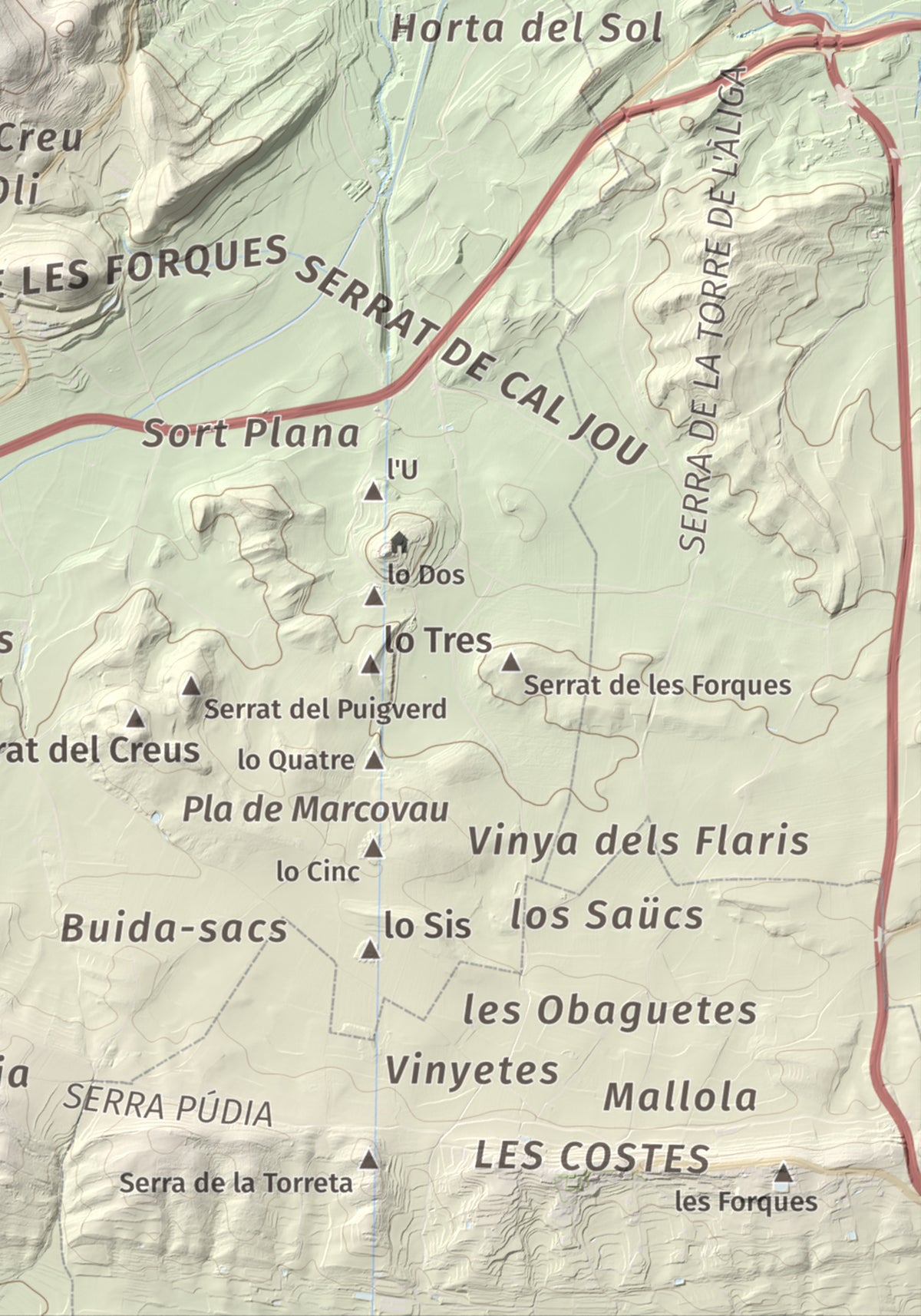Mapa de relieve de Munt de Montsonís, 591 m, Noguera, lámina 100 Cims de Trobart. Detalle de la zona inferior derecha. 21 × 30 cm.