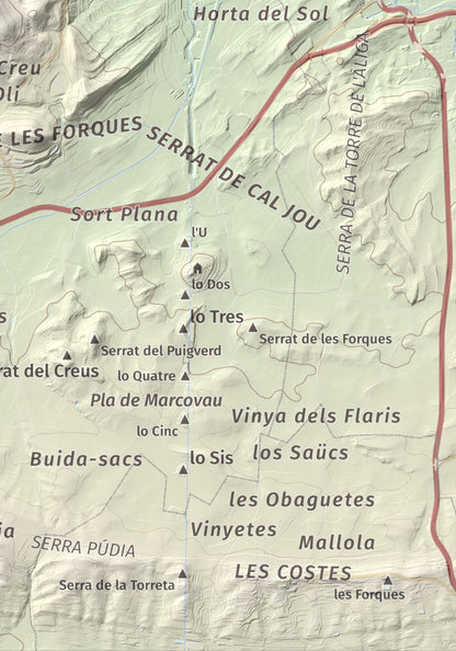 Mapa de relieve de Munt de Montsonís, 591 m, Noguera, lámina 100 Cims de Trobart. Detalle de la zona inferior derecha. 21 × 30 cm.