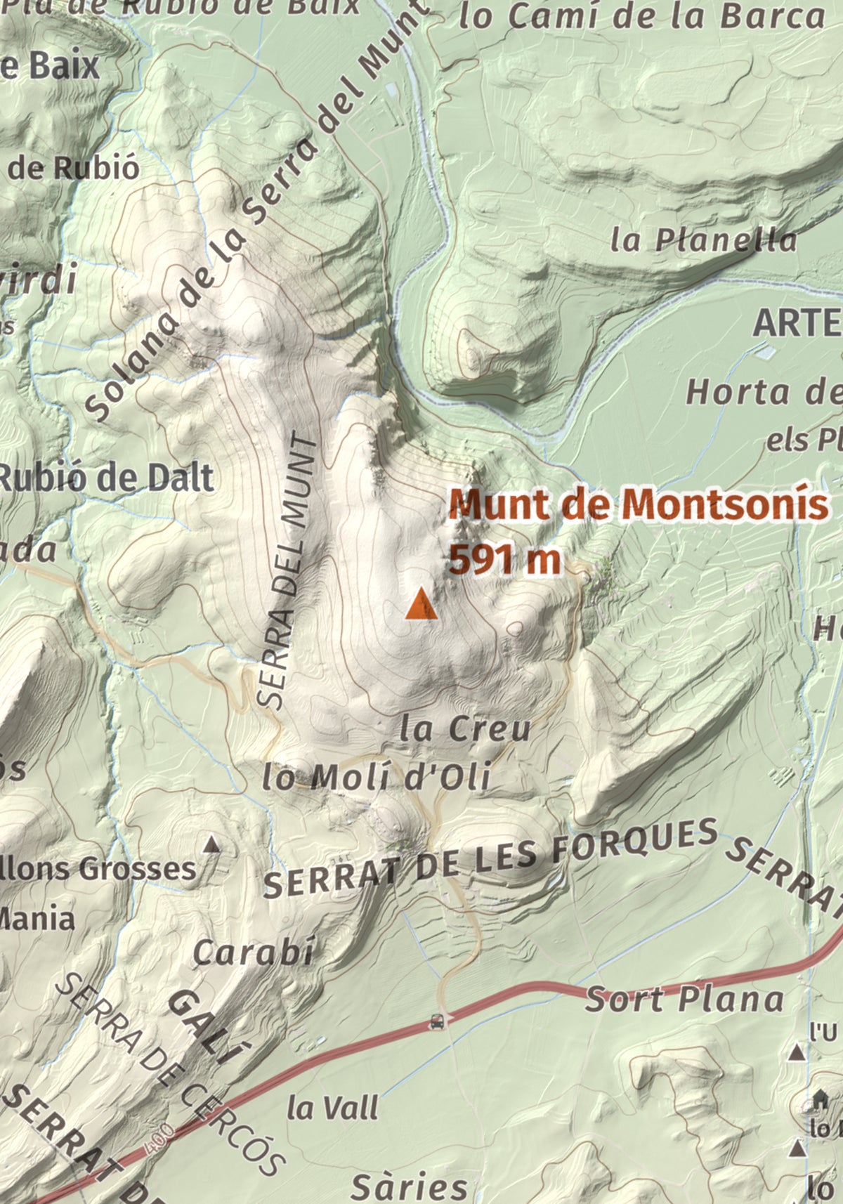 Mapa de relieve de Munt de Montsonís, 591 m, Noguera, lámina 100 Cims de Trobart. Detalle de la zona central. 21 × 30 cm.