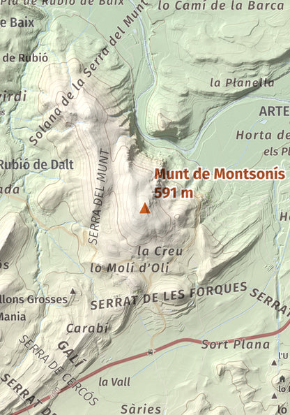 Mapa de relieve de Munt de Montsonís, 591 m, Noguera, lámina 100 Cims de Trobart. Detalle de la zona central. 21 × 30 cm.