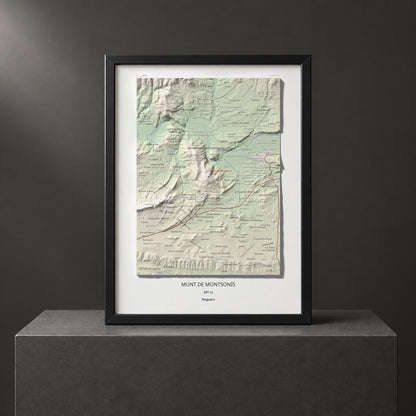 Mapa de relieve de Munt de Montsonís, 591 m, Noguera, lámina 100 Cims de Trobart. Presentación enmarcada. 30 × 40 cm.